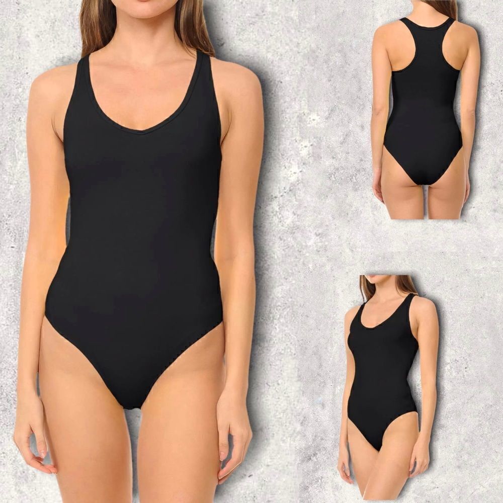 Ambiance Apparel Black Sleeveless Bodysuit V-Neck Racerback Cotton Size Small